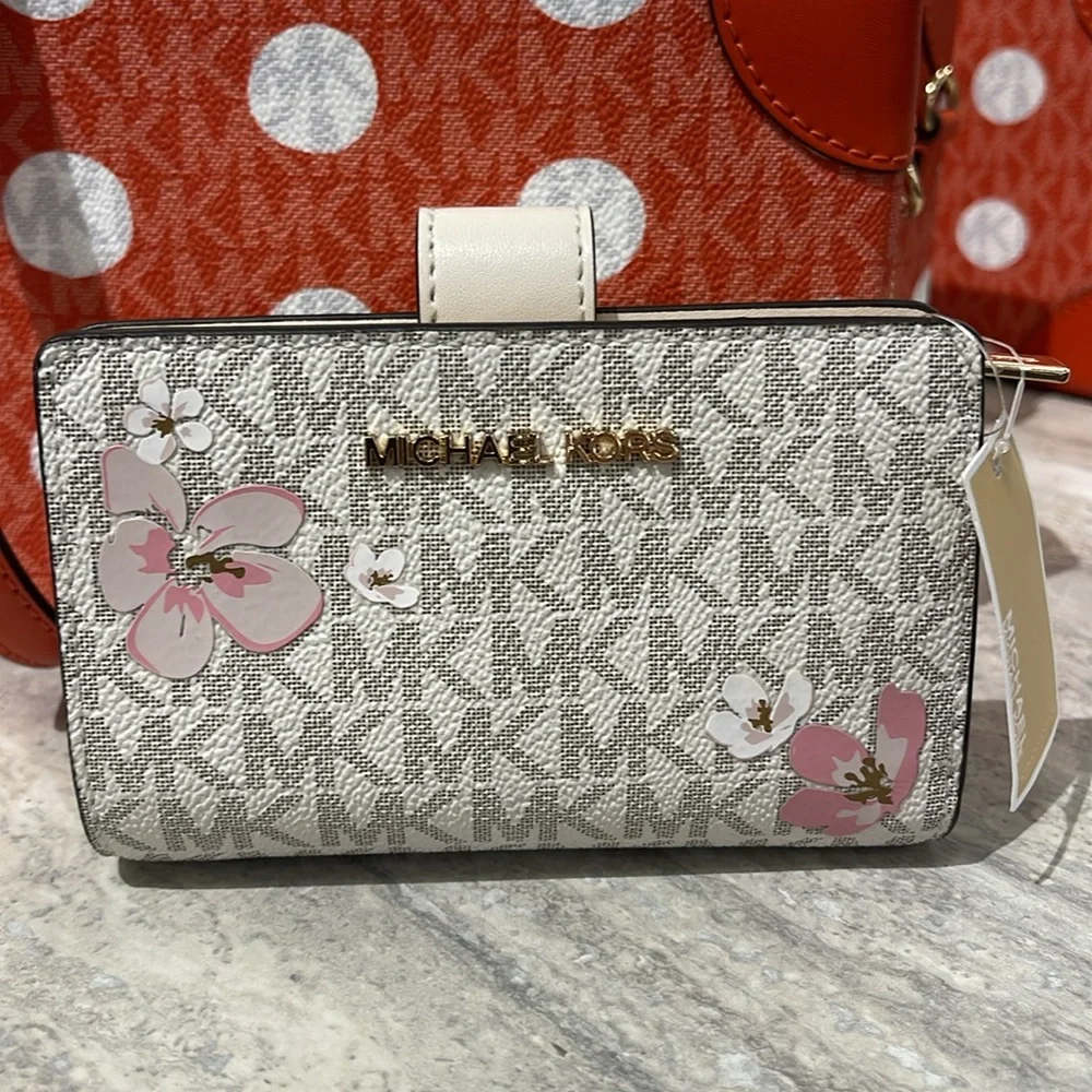 Michael Kors Jet Set Medium Floral Embellished Signature Logo Bi-fold Wallet NWT